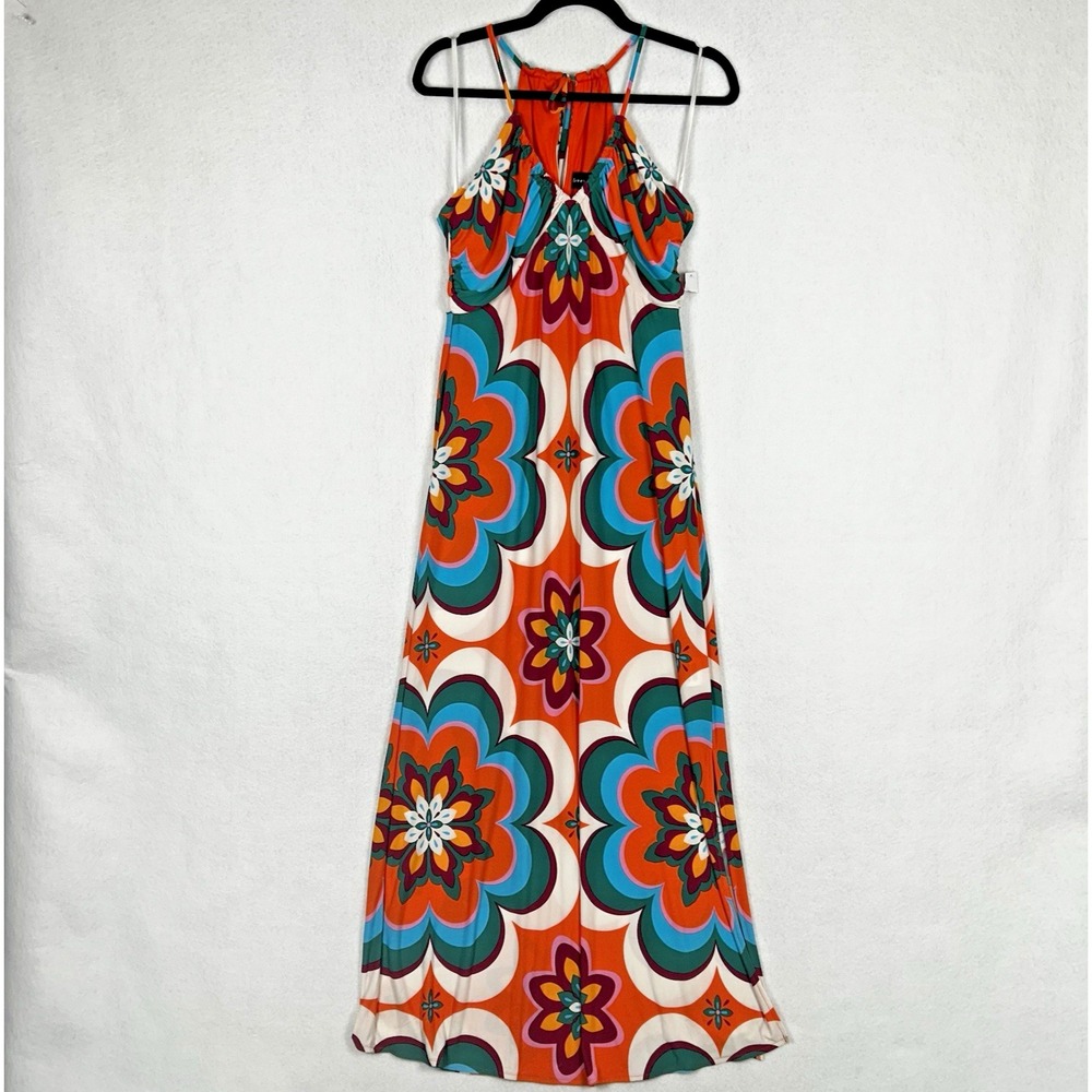 NEW Clover and Sloane Retro Halter Maxi Dress Colorful US Sz 8 70s V Neck Slit - Picture 2 of 11